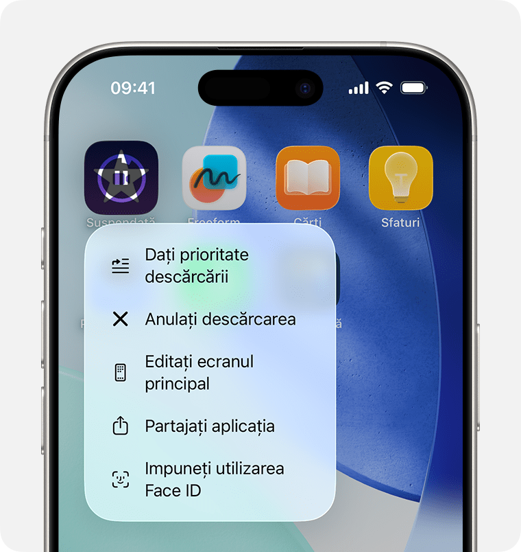 Ecran iPhone afișând meniul de descărcare a unei aplicații. Dați prioritate descărcării este o opțiune din meniu.
