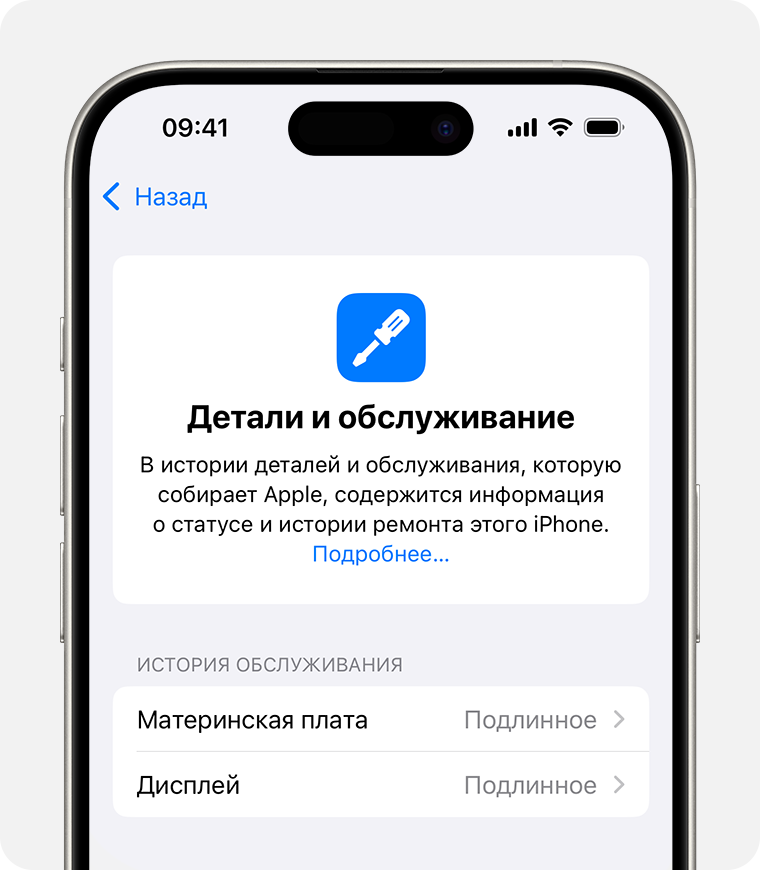 Экран «История деталей и обслуживания» с двумя замененными оригинальными запасными частями Apple