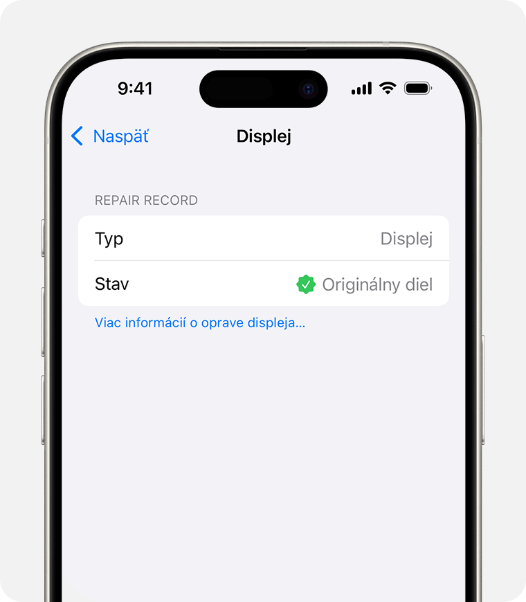 Obrazovka s informáciami o originálnych dieloch Apple pre Displej