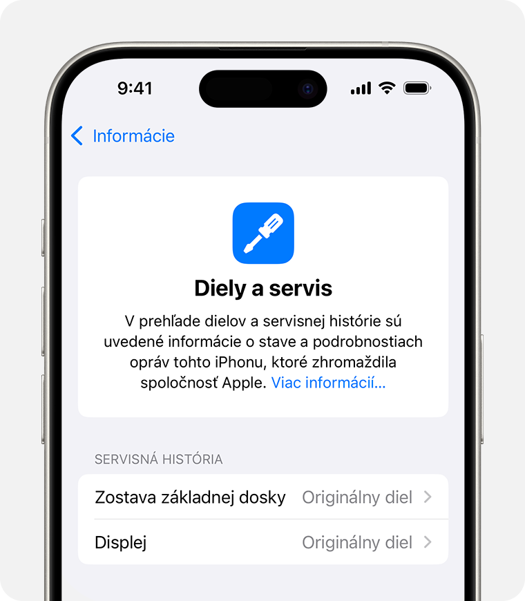 Obrazovka História dielov a servisu s dvomi vymenenými originálnymi dielmi Apple