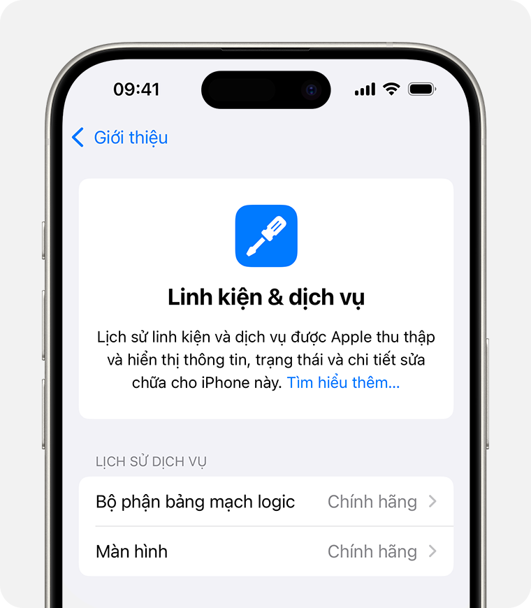 Màn hình Lịch sử linh kiện và dịch vụ hiển thị hai linh kiện chính hãng của Apple được thay thế
