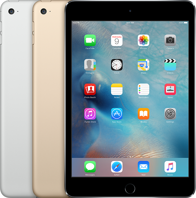 La parte trasera de varios dispositivos iPad en todos los colores disponibles, el uno junto al otro, seguidos de la parte frontal de uno.
