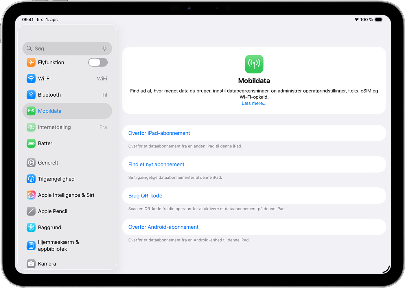 iPad Pro-skærm med visning af mulighederne for mobildataabonnementer til indstilling af eSIM.