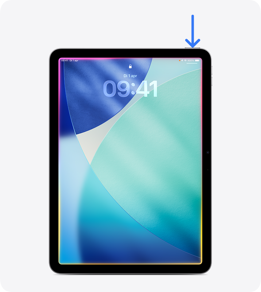 iPad met pijl die naar de bovenste knop wijst om Siri te activeren. 