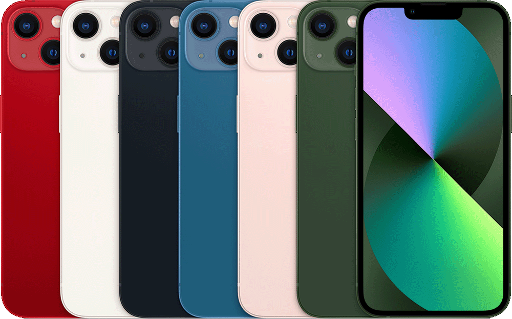 Гърбовете на няколко устройства iPhone, един до друг, във всички налични цветове, с предната част на едно до тях.