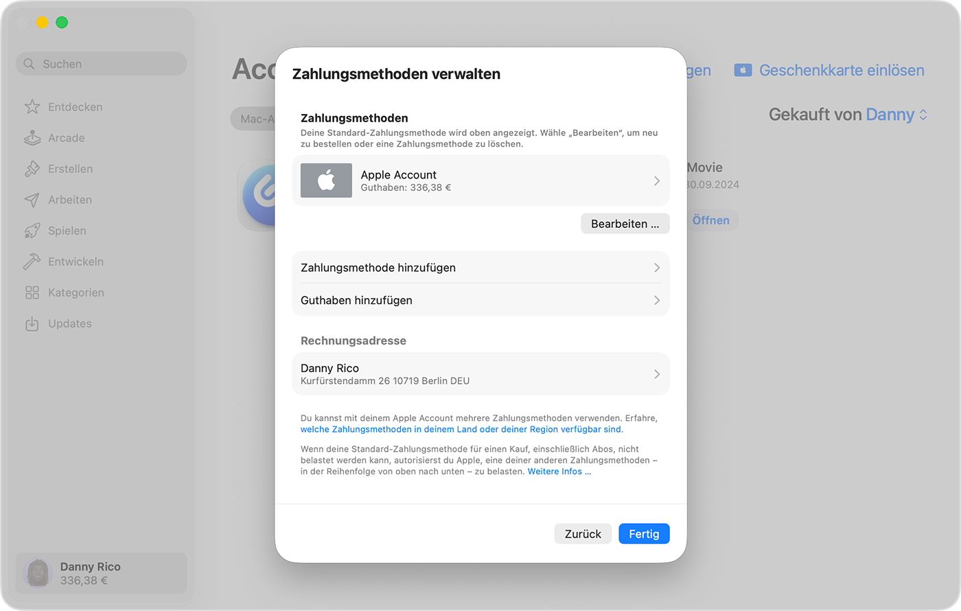 Ein Mac-Bildschirm mit geöffneten Einstellungen zur Zahlungsverwaltung.