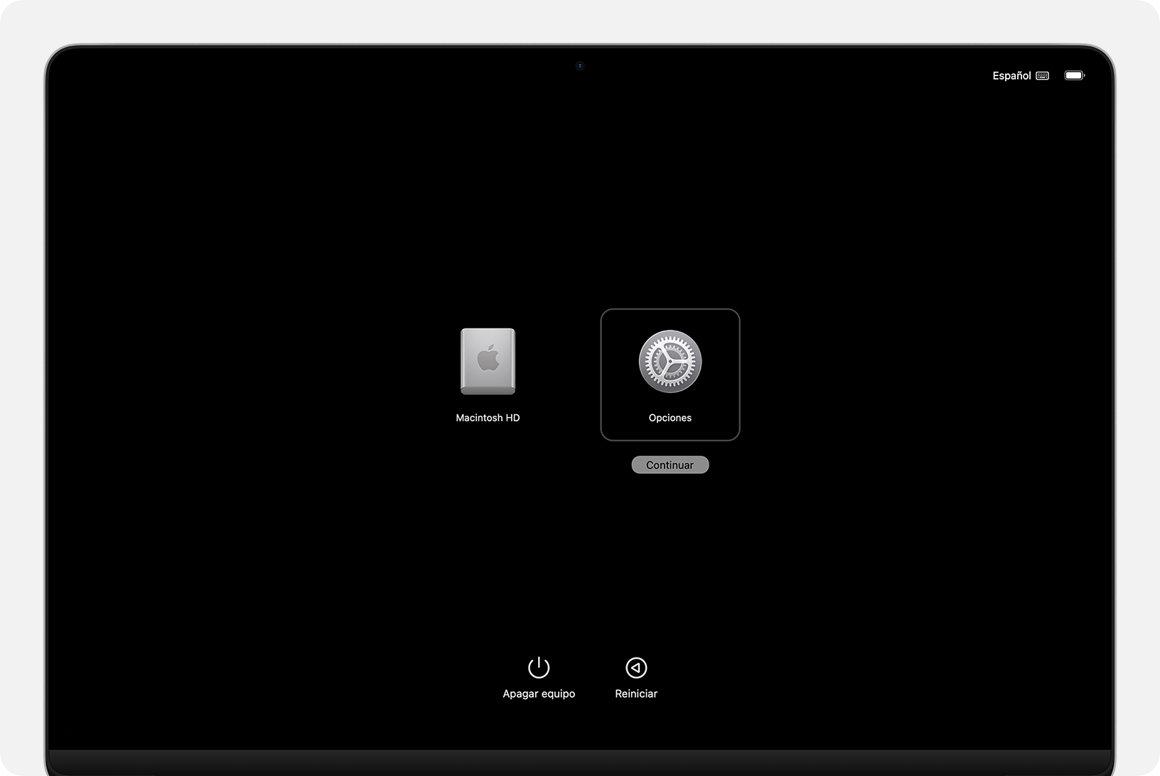 Pantalla de opciones de inicio en un Mac con chip de Apple.