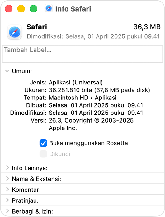 Jendela Info untuk Safari, yang menampilkan pengaturan "Buka menggunakan Rosetta".
