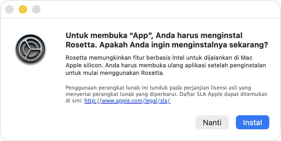 Peringatan macOS yang menanyakan apakah Anda ingin menginstal Rosetta.
