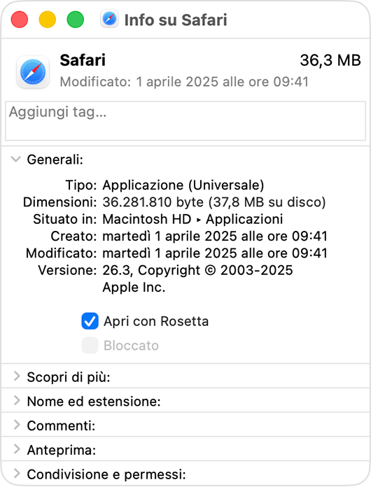 Finestra Info di Safari, che mostra l’impostazione “Apri con Rosetta”.