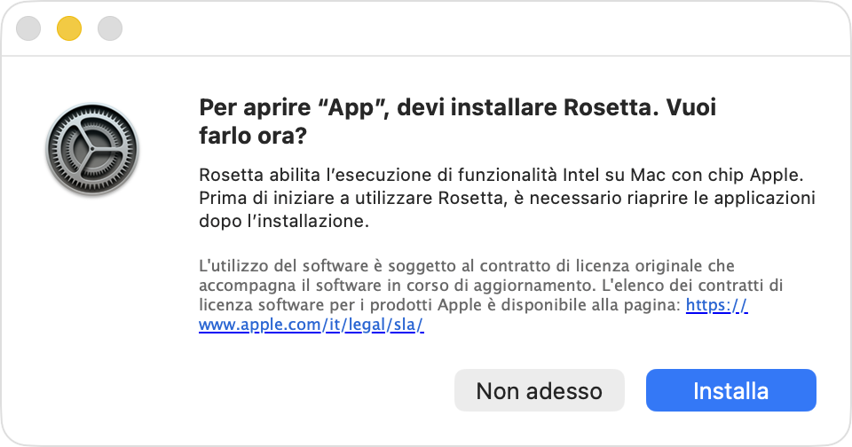 Avviso di macOS che chiede se desideri installare Rosetta.