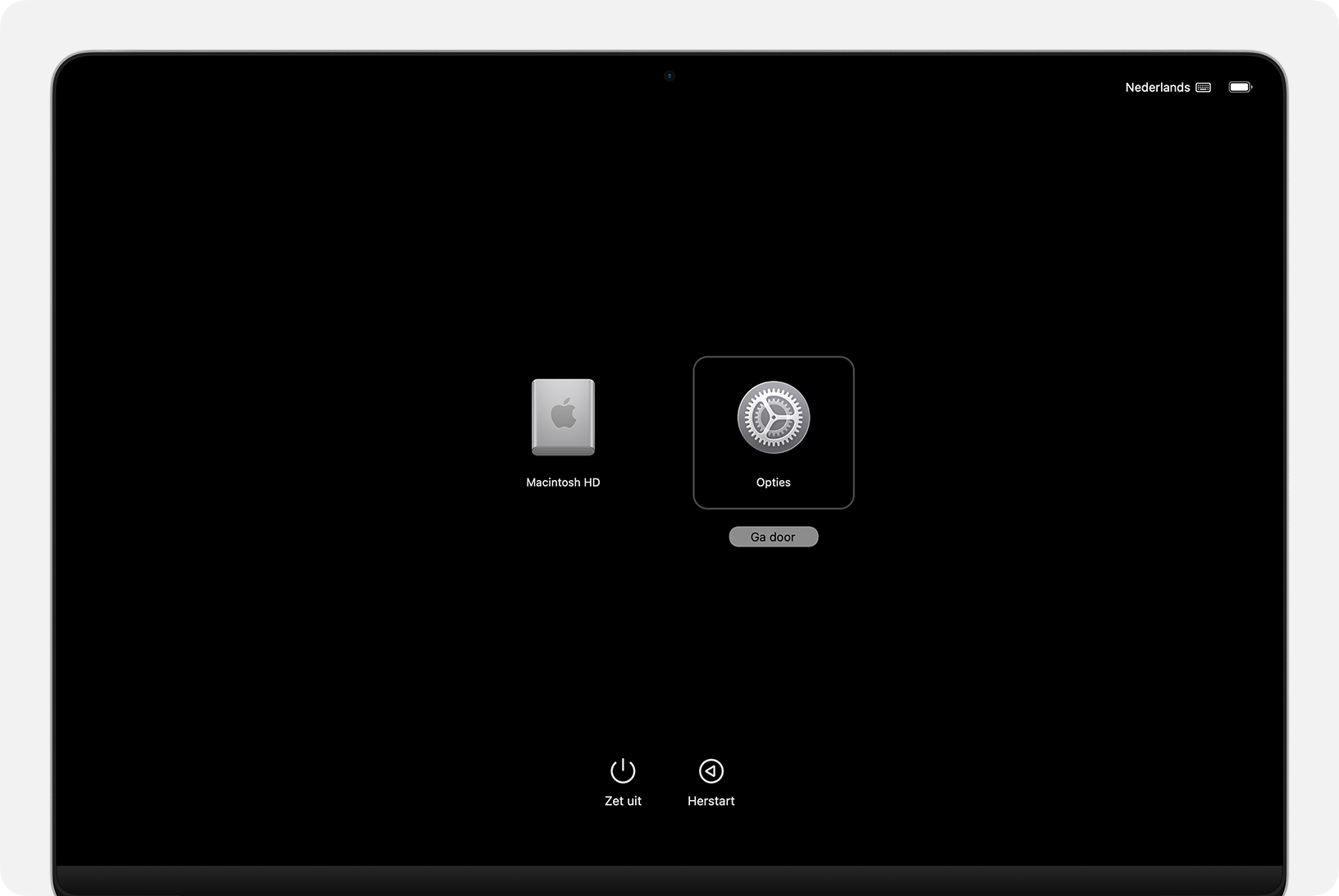 Scherm met opstartopties op een Mac met Apple silicon.