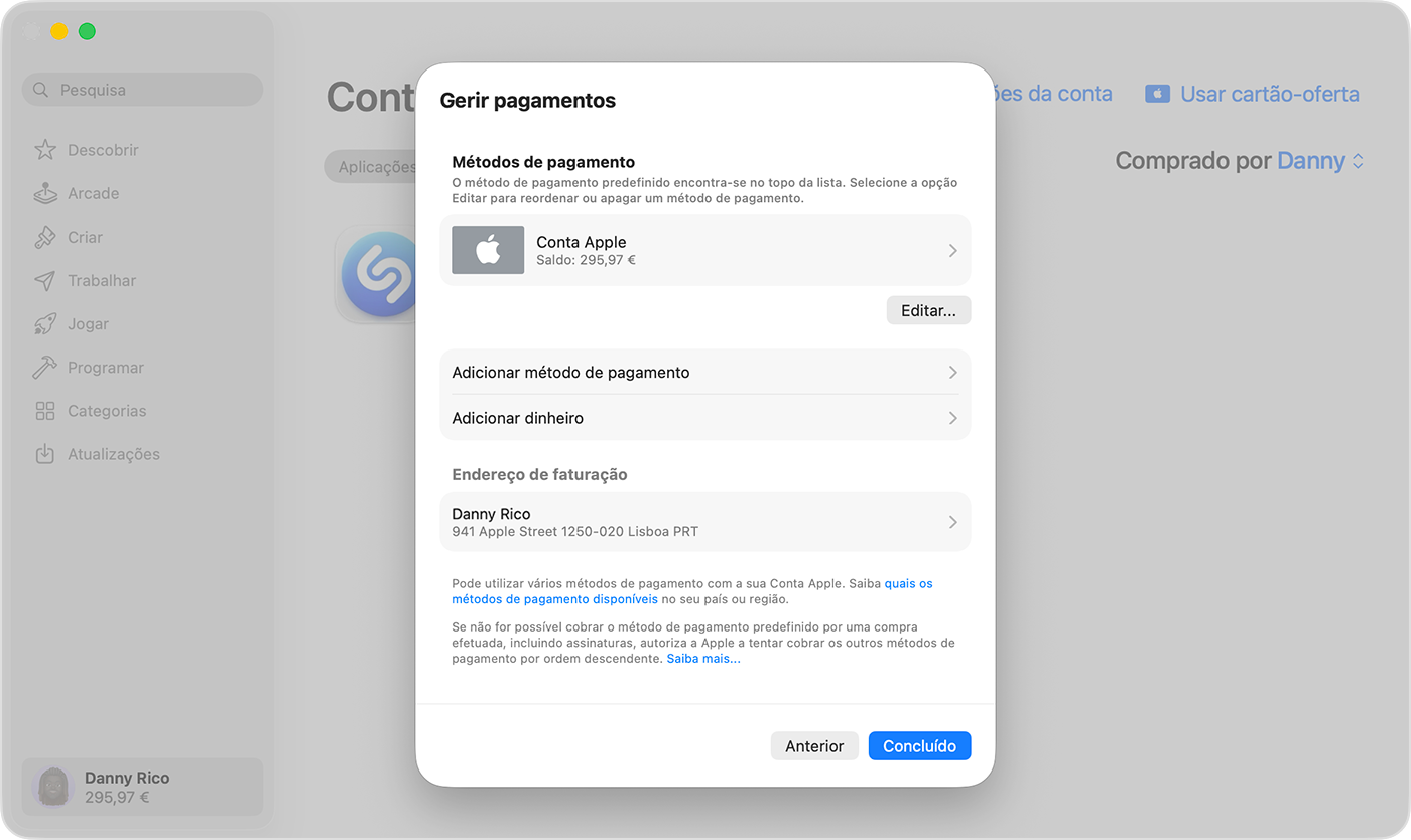 Um ecrã do Mac a mostrar as definições de Gerir pagamento.