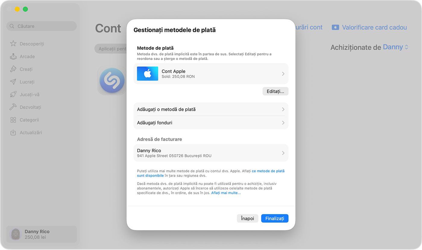 Ecranul unui Mac pe care sunt afișate configurările Gestionați metodele de plată.