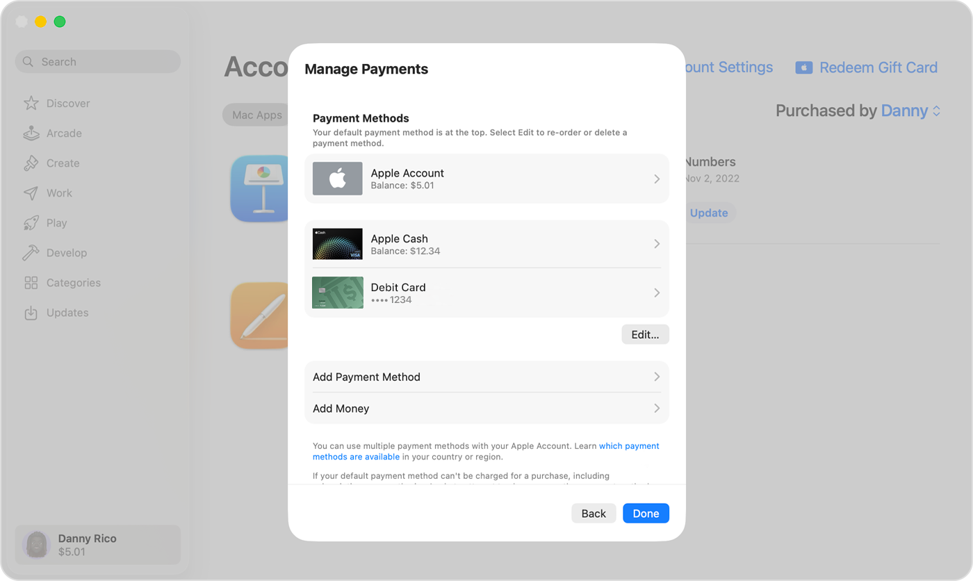 „Mac“ ekranas, kuriame rodomos „Manage Payments“ (tvarkyti mokėjimus) nuostatos.
