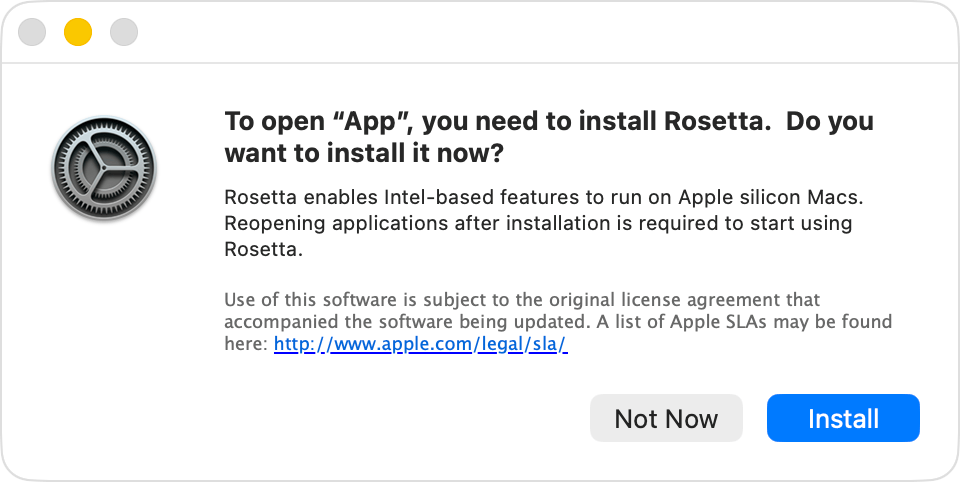 macOS alert asking whether you want to install Rosetta.