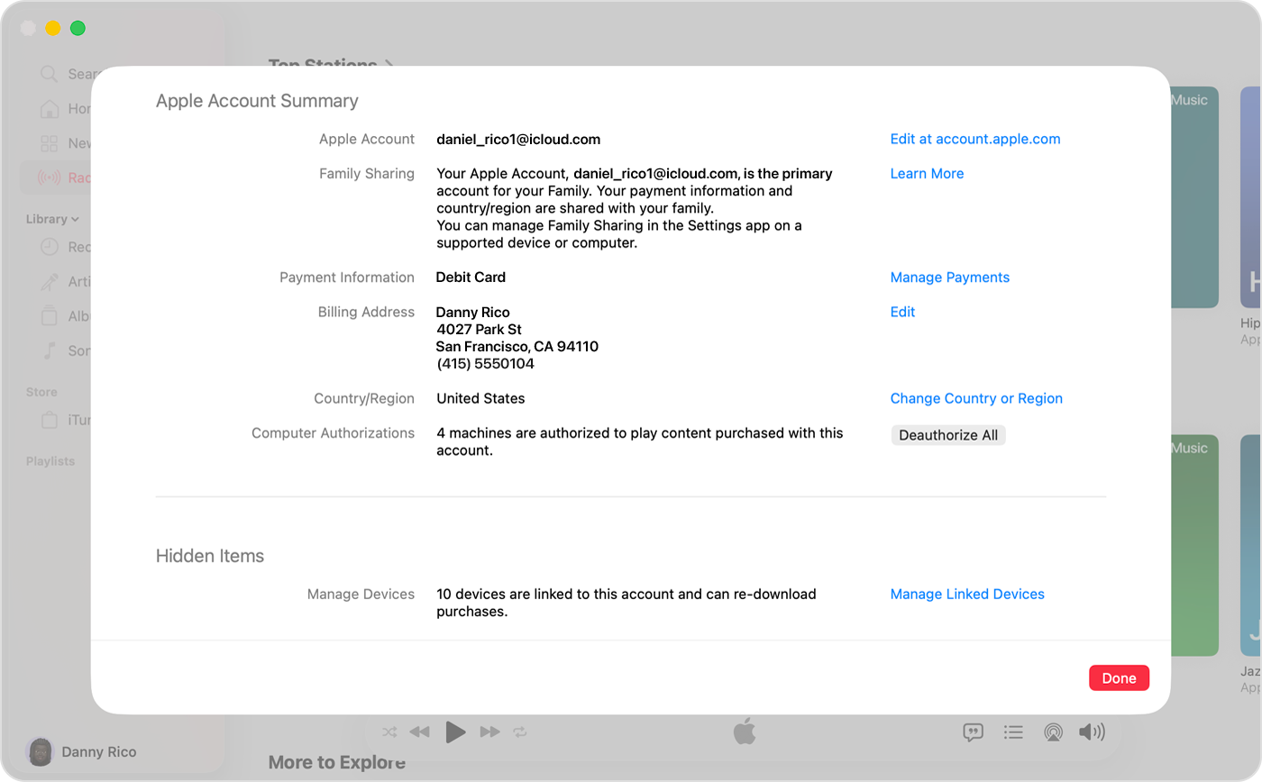 Apple Music app on Mac showing the Account Settings page, including Change Country or Region.