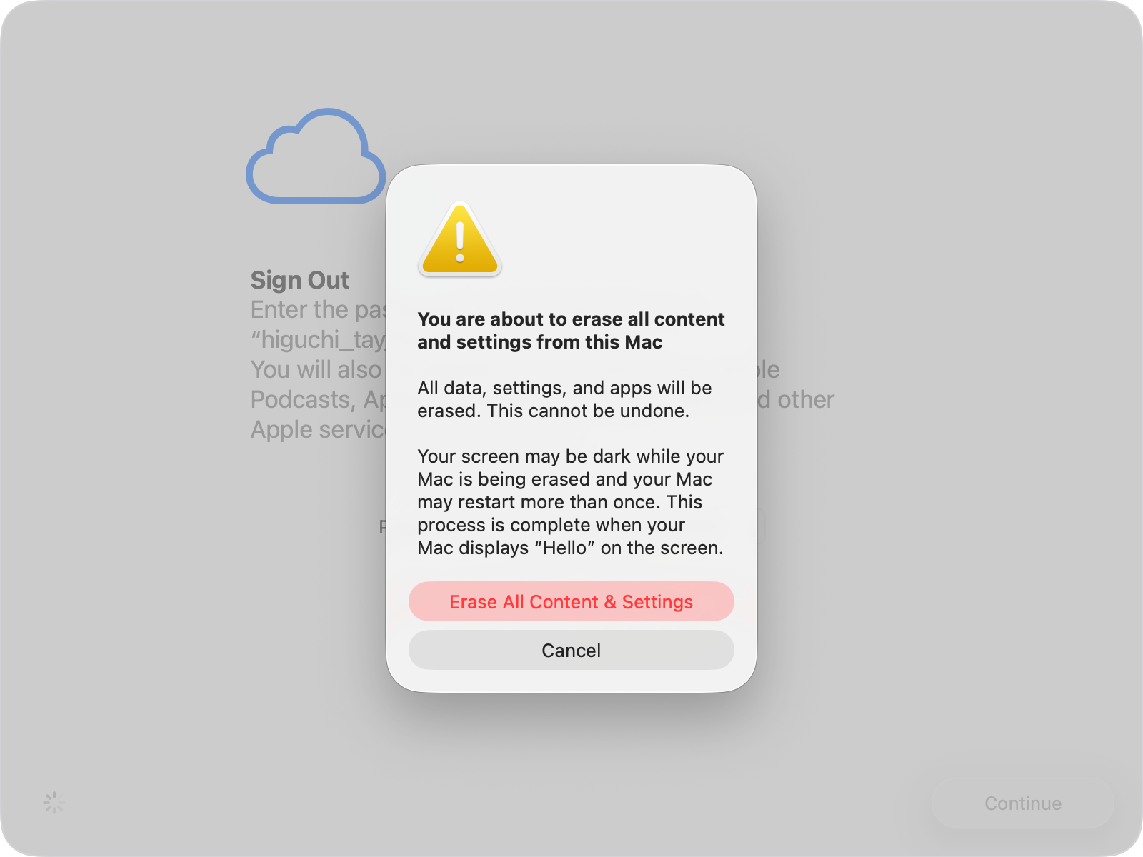 Erase All Content & Settings confirmation.
