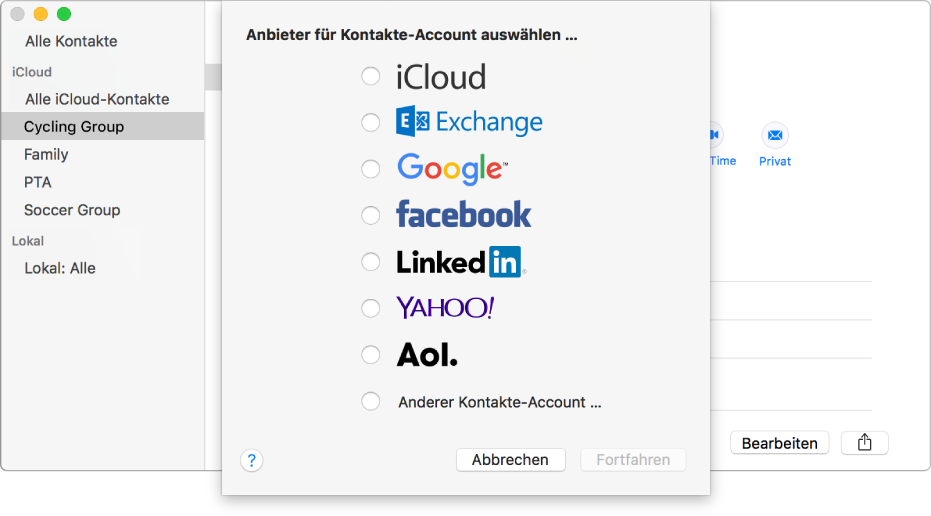 Das Fenster zum Hinzufügen von Internetaccounts zur App „Kontakte