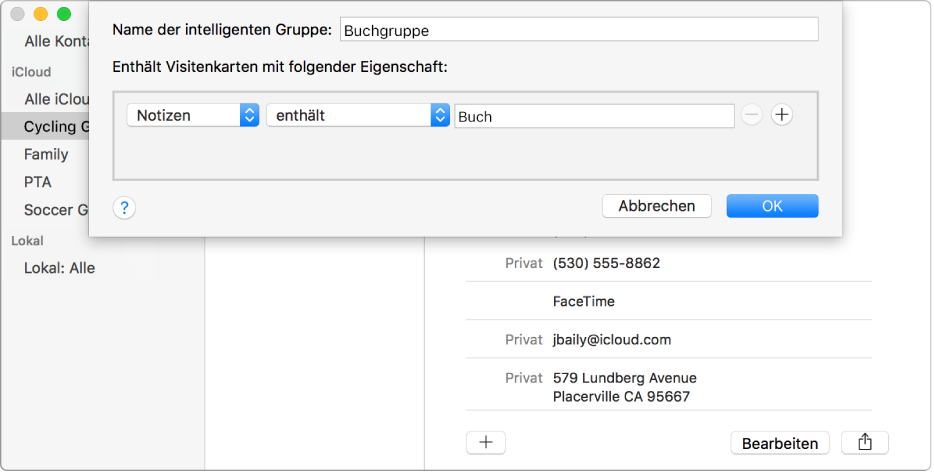Das Fenster zum Hinzufügen einer intelligenten Gruppe mit einer Gruppe „Book Club“, die Kontakte enthält, in deren Feld „Notiz“ das Wort „book“ vorkommt.