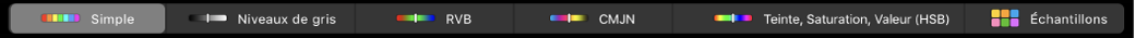 La Touch Bar affichant des modèles colorimétriques, de gauche à droite : Simple, Niveaux de gris, RVB, CMJN et TSL. Le bouton Échantillons se trouve à l’extrémité droite.
