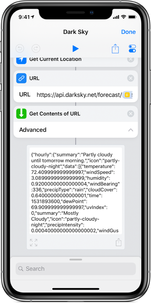 Die Wettervorhersage für Alcatraz als Ergebnis des Kurzbefehls mit der Anforderung an die API von Dark Sky.
