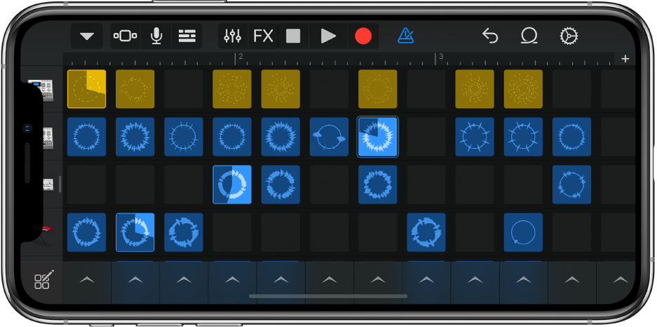 Illustration. Grille Live Loops avec des cellules en cours de lecture.