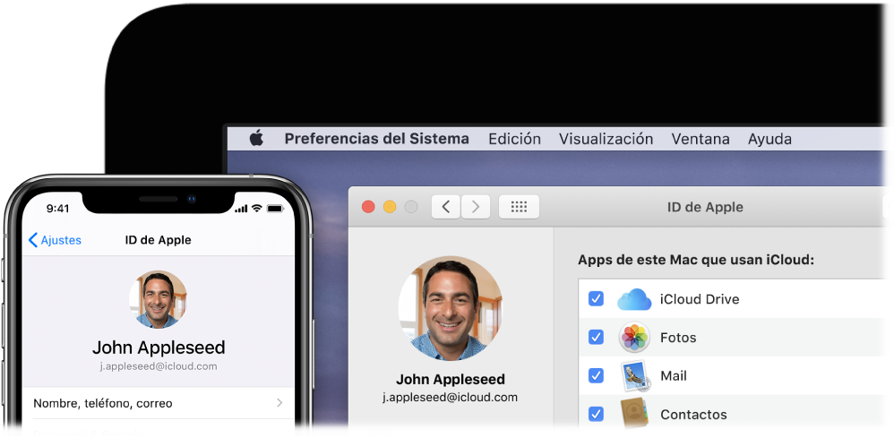 iPhone con los ajustes de iCloud y la pantalla de un Mac con la ventana de iCloud.