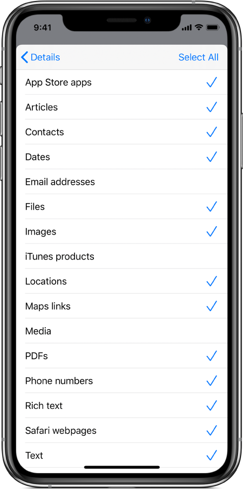 List of input types, with selection checkmarks.