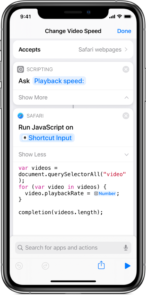 Redigeringsværktøjet til genveje, der viser handlingen Start JavaScript på webside, som indeholder en magisk variabel.