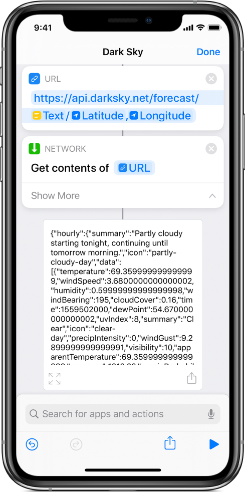 Resultatet af genvejen, der sender en anmodning til Dark Sky-API'et – vejrudsigten for Alcatraz.
