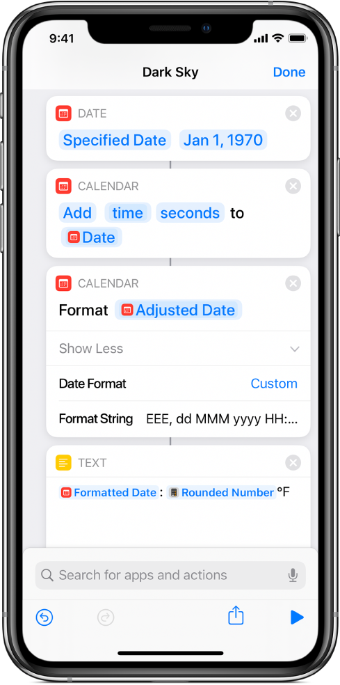 Ação “Formatar data” com uma cadeia de formatos personalizados, no editor de atalhos.