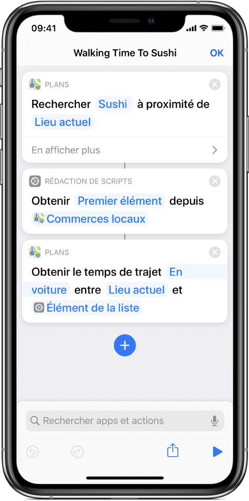 Éditeur de raccourci montrant une action Obtenir.