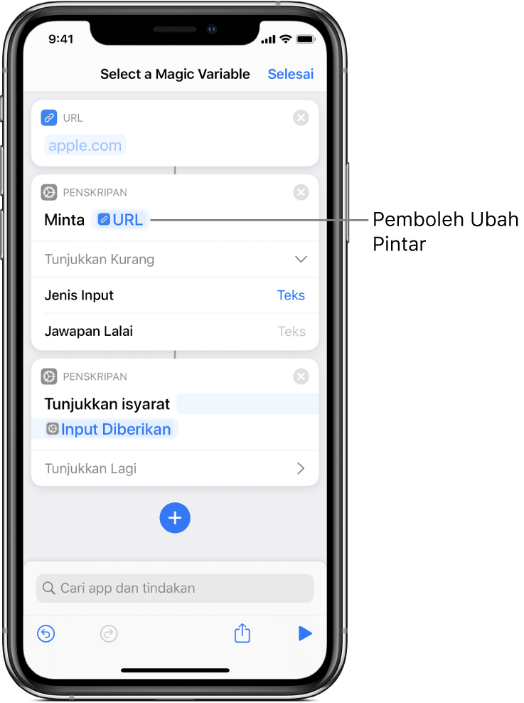 Pemboleh Ubah Pintar yang boleh dipilih dalam editor pintasan