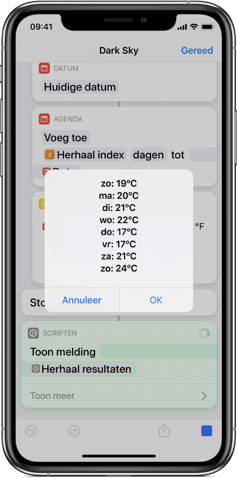 De uiteindelijke waarschuwing met de gemiddelde temperaturen voor de week in de opdrachteneditor.