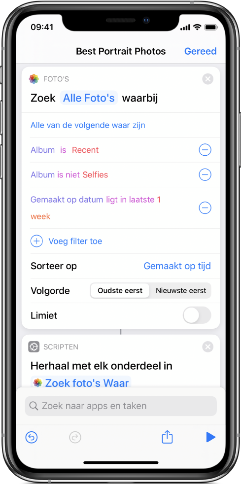 De taak 'Zoek foto's Waar' in de opdrachteneditor.
