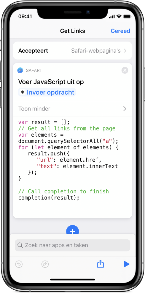 De taak 'Voer JavaScript uit op webpagina' in de opdrachteneditor.