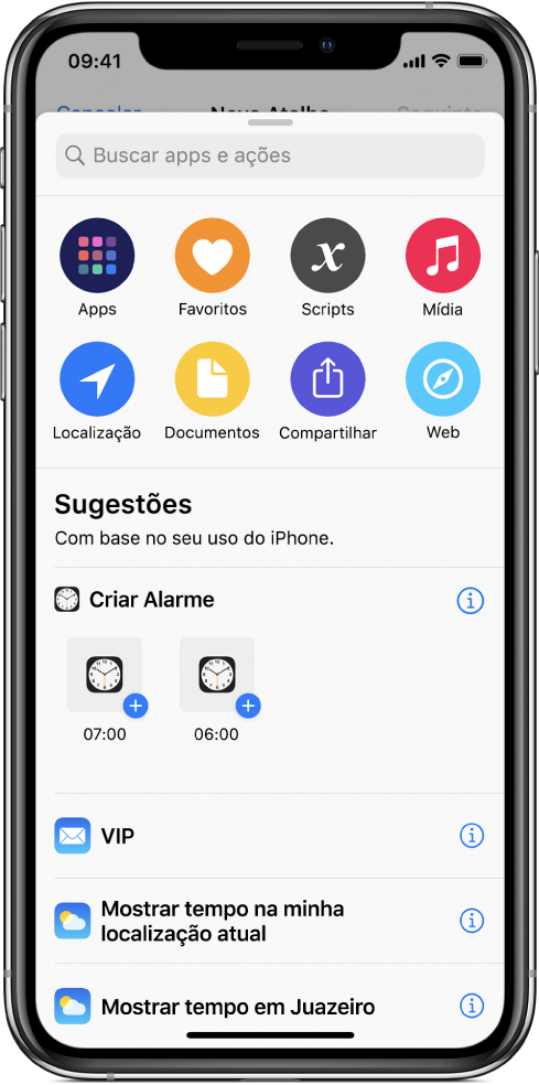 Ações sugeridas pela Siri.