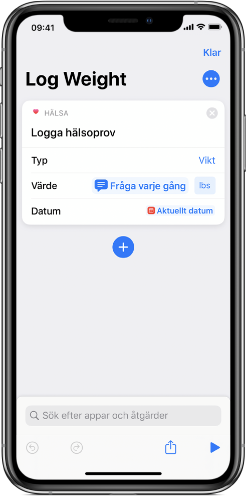 Token för Fråga varje gång-variabel i fältet Datum i åtgärden Logga hälsoprov.
