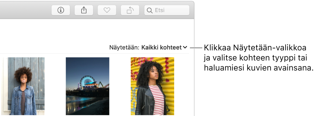 Näytetään-ponnahdusvalikko, joka on asetettu näyttämään kaikki kohteet.