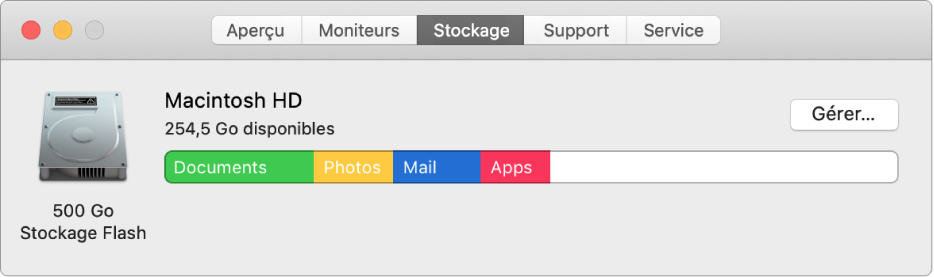 Sous-fenêtre Stockage d’Informations système, affichant une représentation graphique de votre stockage.