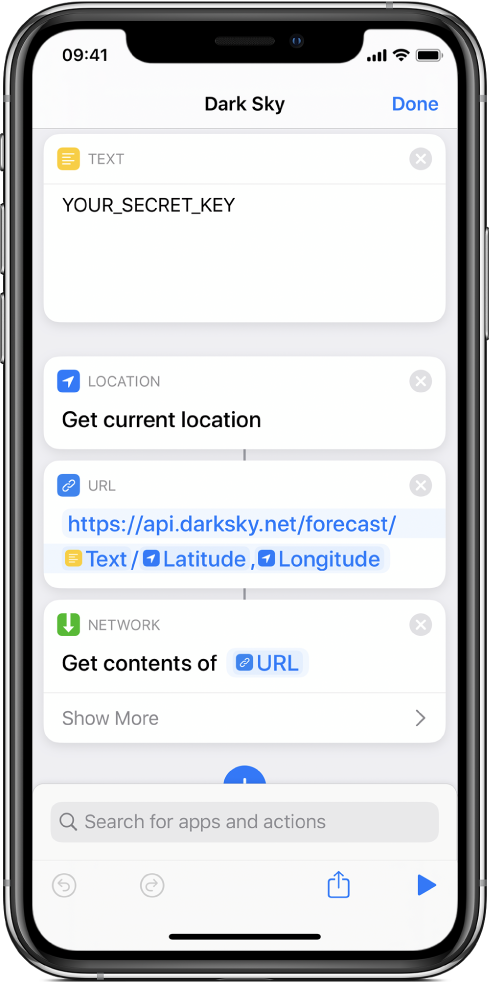 A Get Current Location action added between the Text action and the URL action in the Dark Sky API request shortcut.