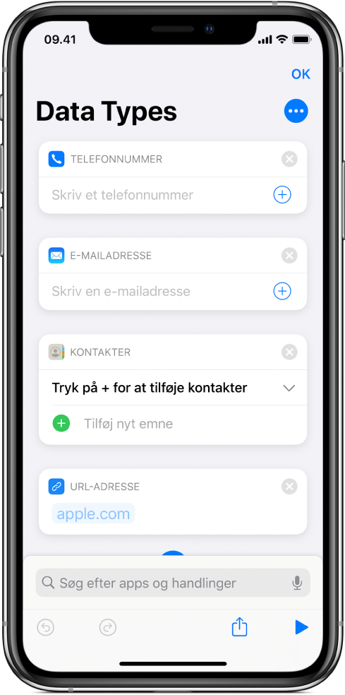 Redigeringsværktøjet til genveje, der viser handlinger, som sender indhold til genvejen.
