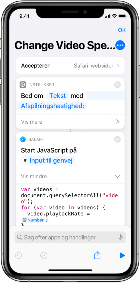 Redigeringsværktøjet til genveje, der viser handlingen Start JavaScript på webside, som indeholder en magisk variabel.