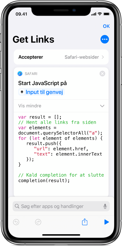 Handlingen Start JavaScript på webside i redigeringsværktøjet til genveje.