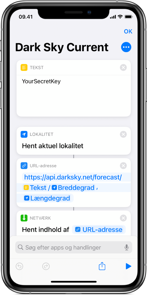 Handlingen Hent aktuel lokalitet, der er tilføjet mellem Tekst-handlingen og handlingen URL-adresse i genvejen, der sender en anmodning til Dark Sky-API'et.