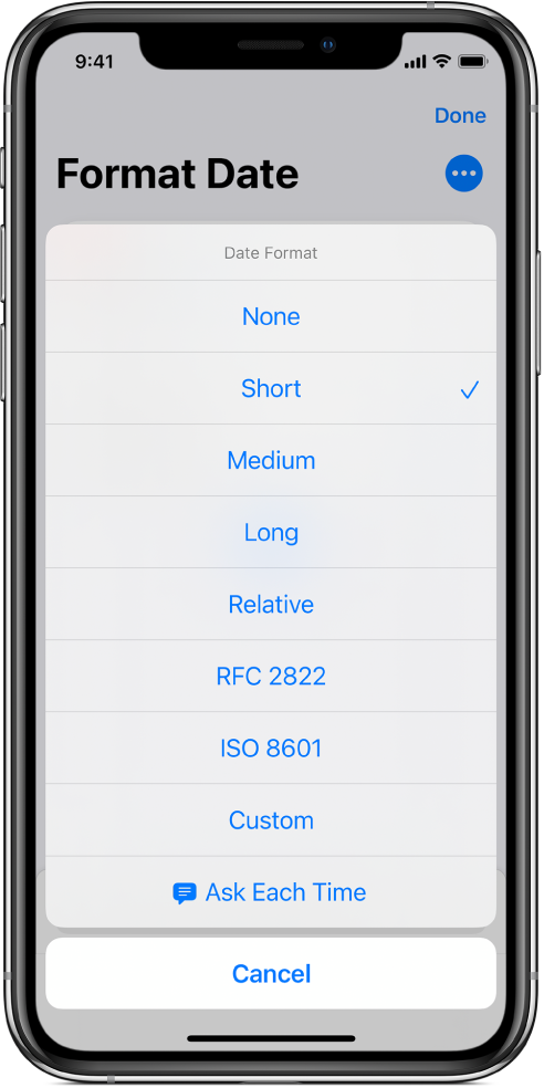 Date Format options dialog.