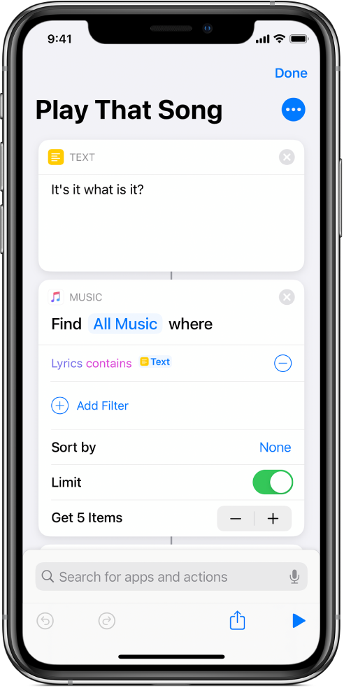 Shortcut containing a Play Music action.