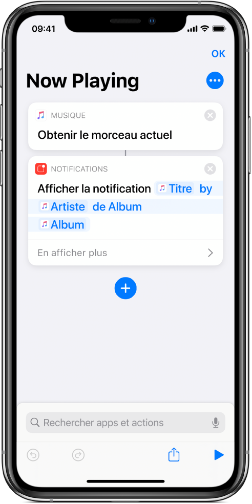 Action « Afficher la notification » dans l’éditeur de raccourci et alerte Musique « À l’écoute » appelée par l’action « Afficher la notification ».