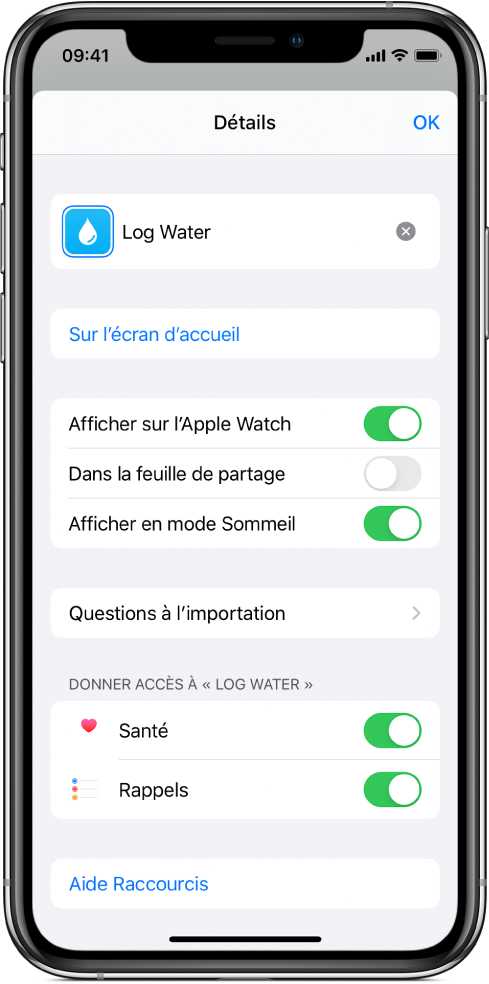 Écran Détails dans l’app Raccourcis.